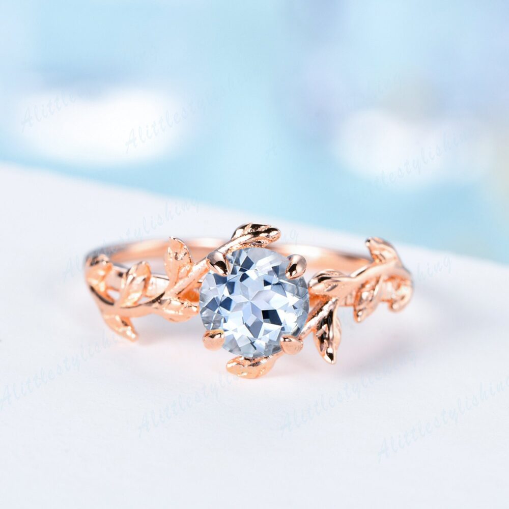 Vintage Aquamarine Engagement Ring, Unique Rose Gold Antique Leaf Branch March Birthstone, Anniversary Gift