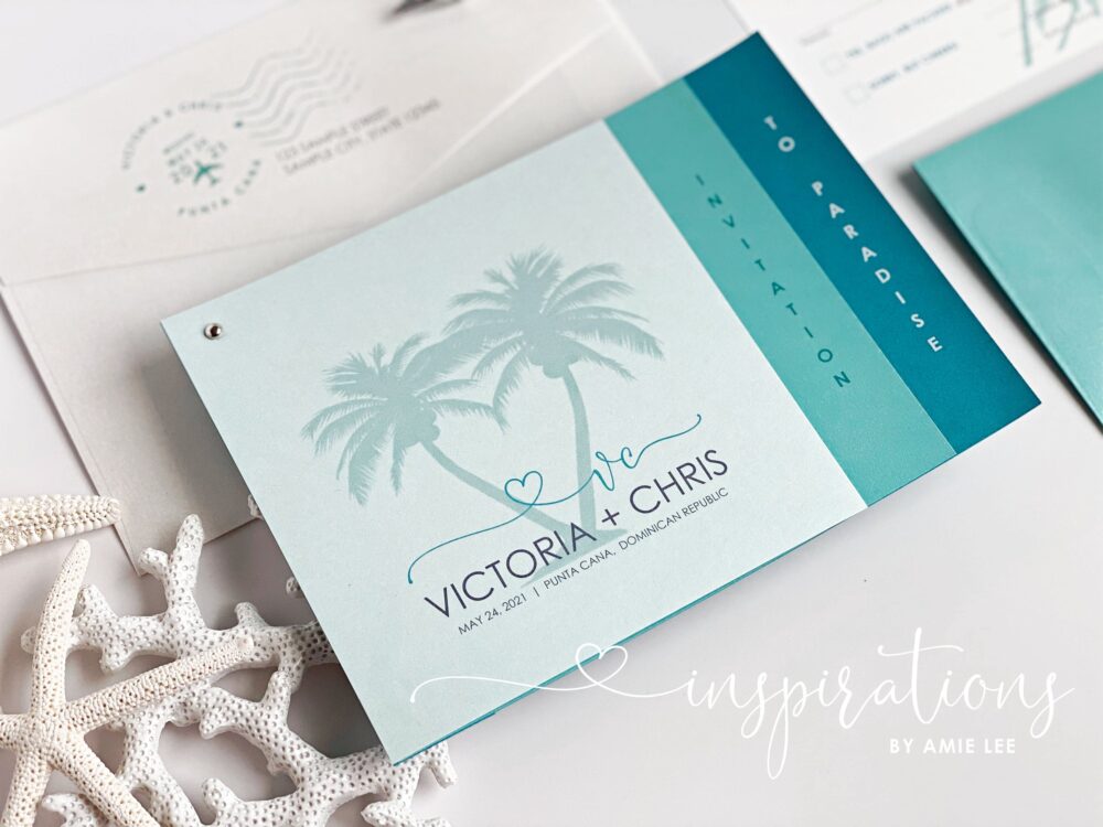 Beach Wedding Invitations, Ocean Blue Wedding, Elegant Beach, Palm Tree, Booklet Destination