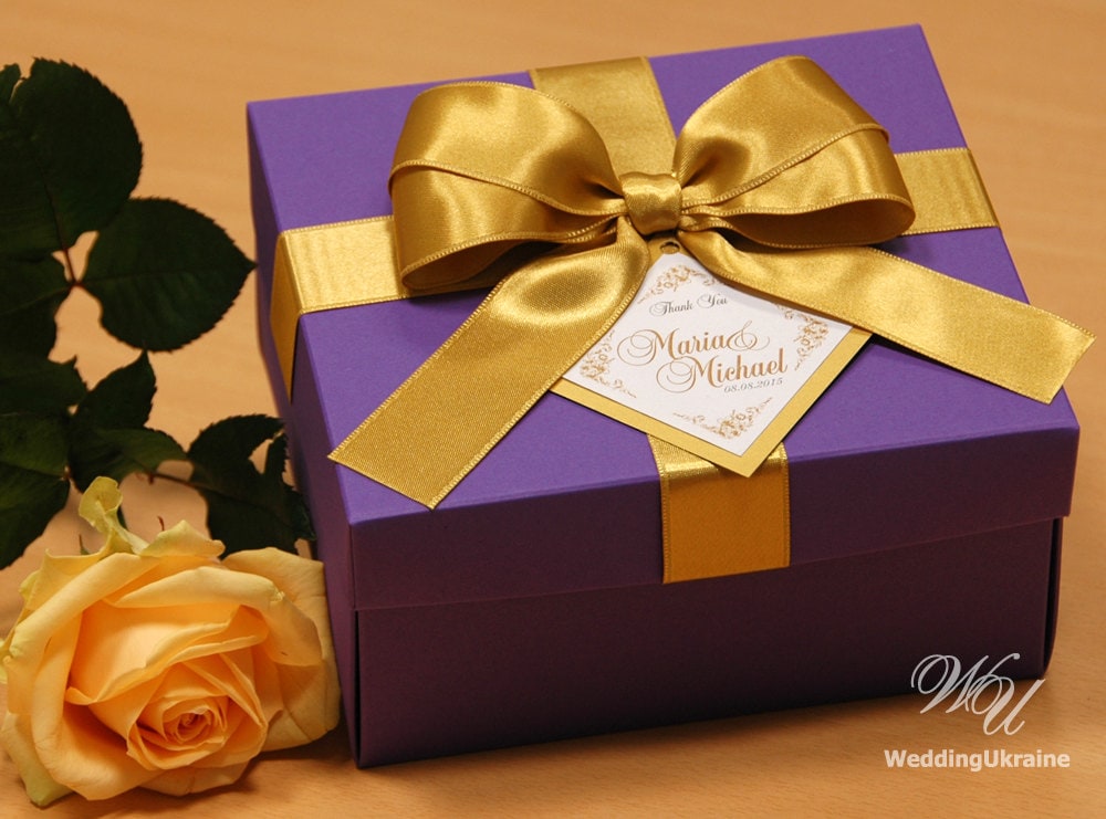 Purple & Gold Wedding Favor Boxes - Elegant Personalized Gift Box With Tag, Satin Golden Ribbon Big Doubled Bow