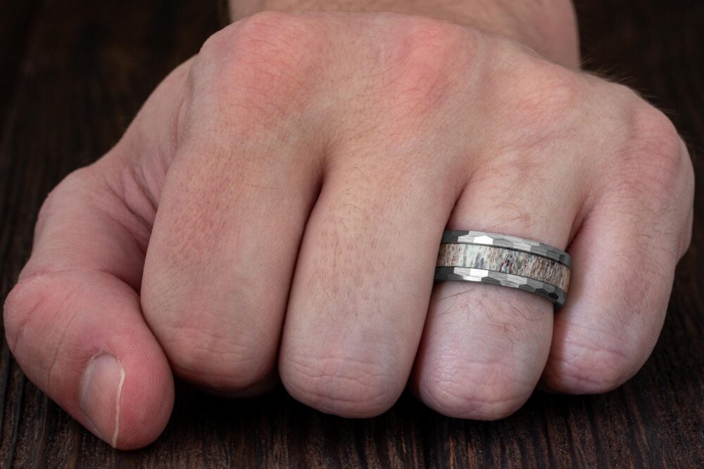 Mens Deer Antler Wedding Band, Ring, Tungsten Silver Engagement Ring