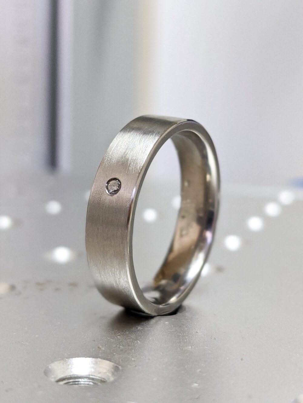 Salt & Pepper Diamond Titanium Ring Mens Wedding Band, Brushed White