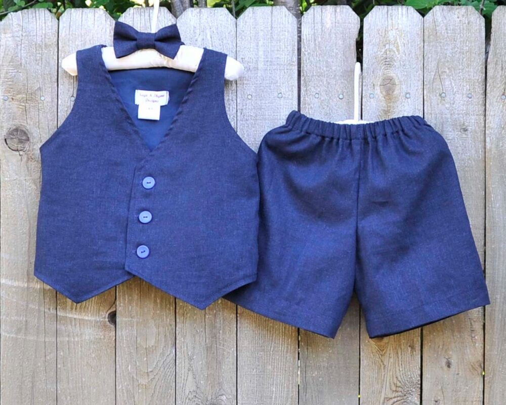 Ring Bearer Suit, Navy Blue Linen Shorts, Vest & Bowtie, Short Or Pants Outfit in Many Colors For Beach Weddings, Photos, Dedications