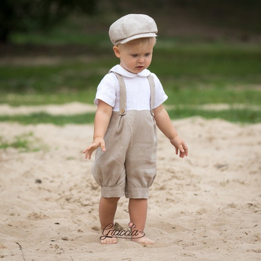Baby Boy Linen Romper Outfit Beige Newsboy Hat, Ring Bearer Suit