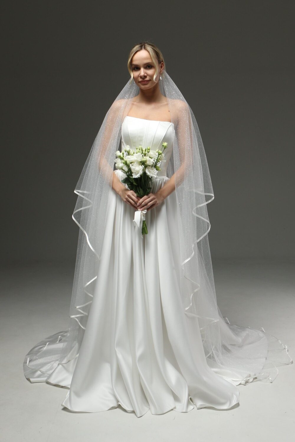 Glitter Wedding Veil, Two Tier Cathedral Veil With Satin Edge