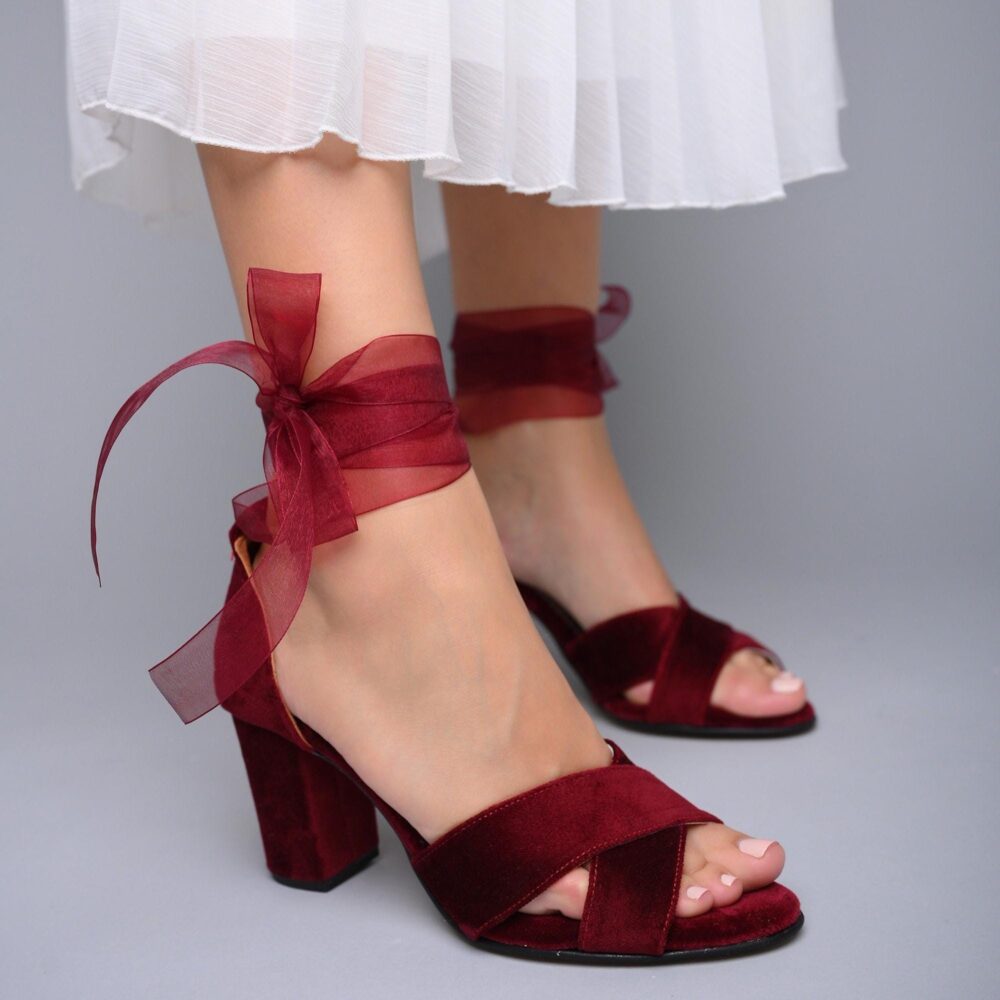 Burgundy Velvet Wedding Sandals, Block Heel Bridal Shoes, Handmade in Greece