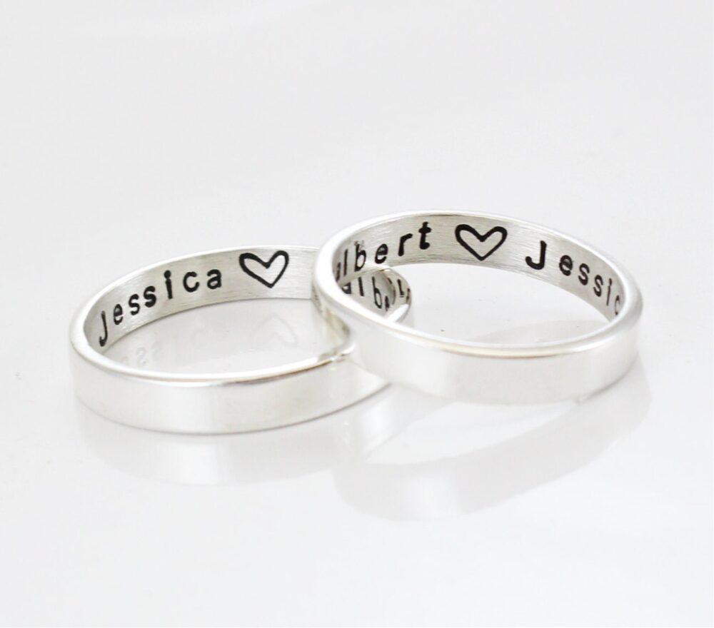 Couple's Rings - Mother Daughter Made Of Sterling Silver Custom Inside Engraving Thin Bands Minimal Style Set Two