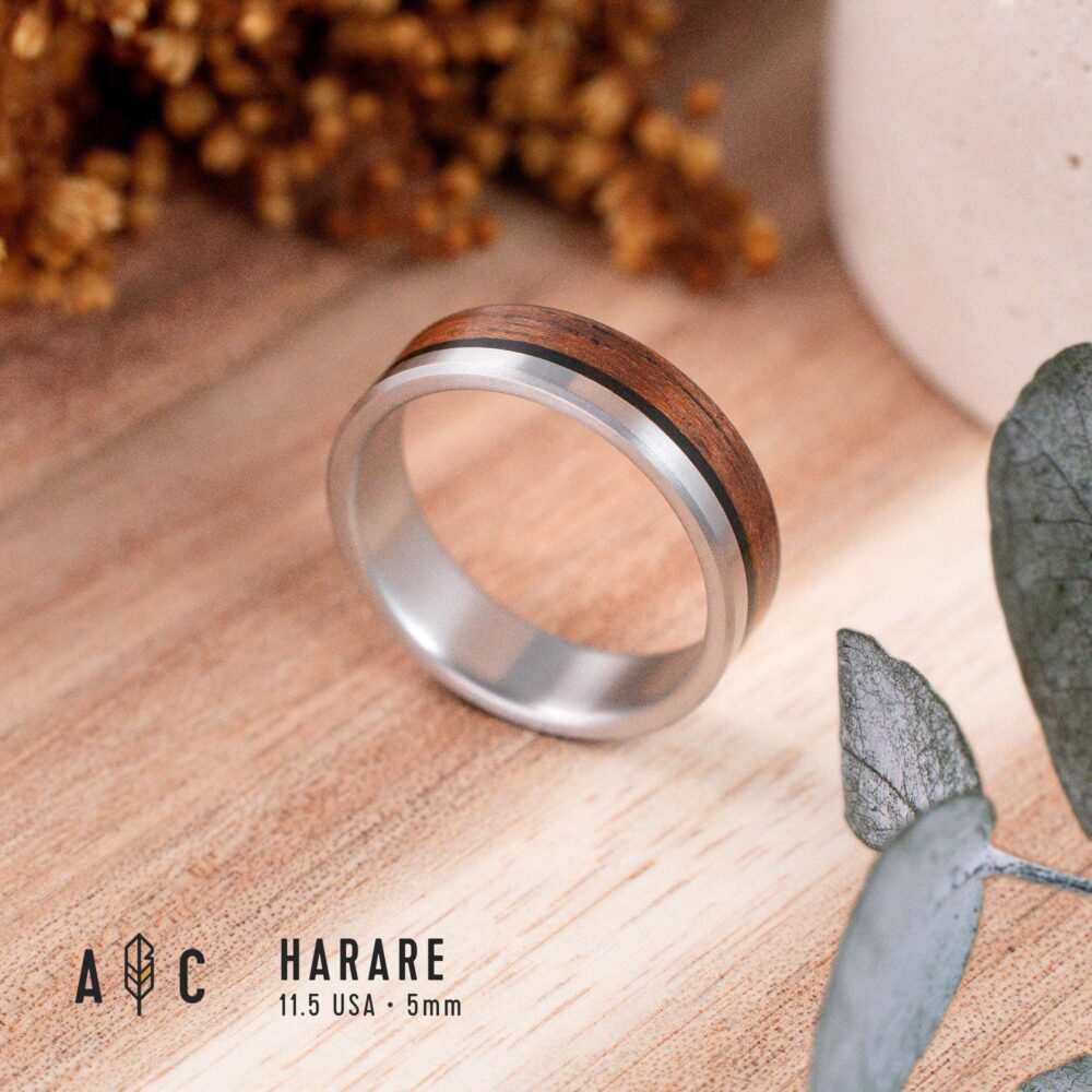Nature Inspired Wood Ring - Rustic Wedding Titanium Band With Etimoe Wood