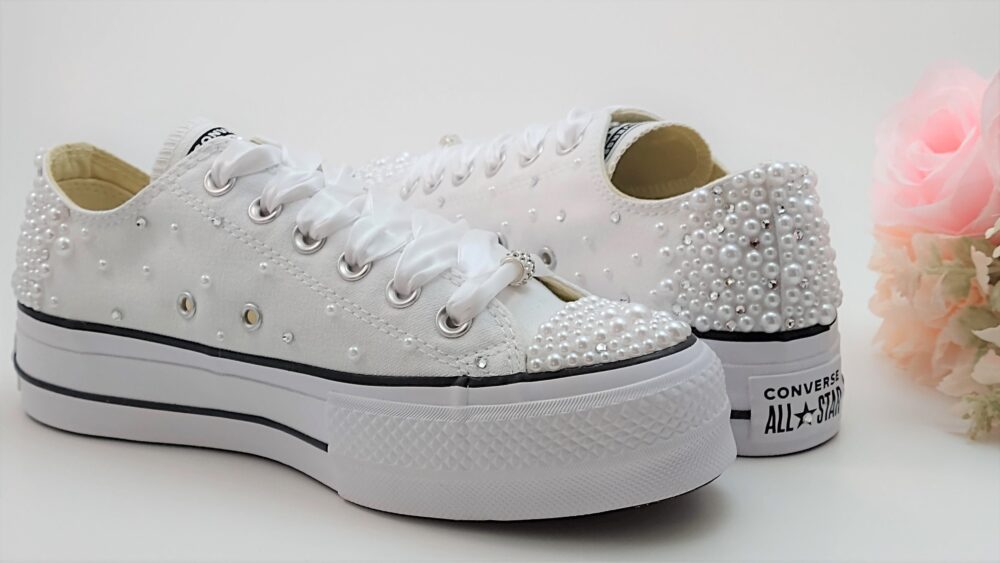 Platform Pearls Crystal Wedding Converse For Bride/White Shoes Custom Bling