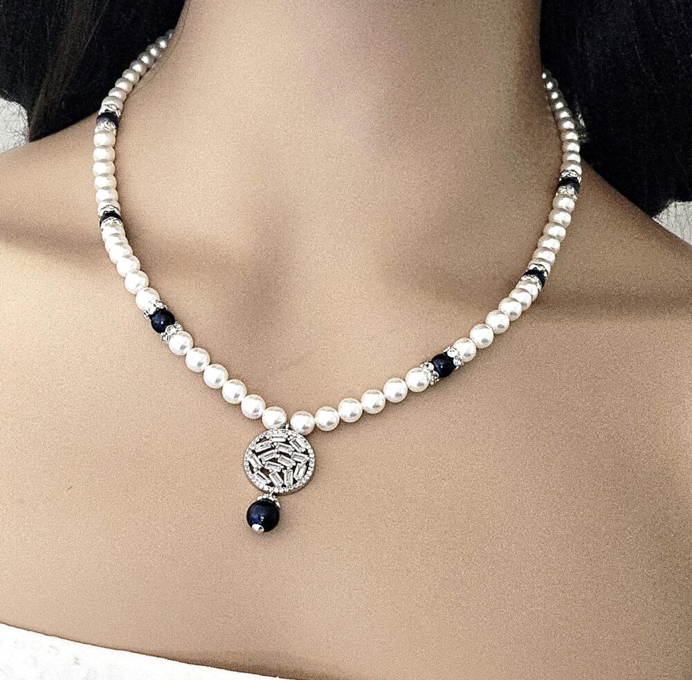 White Navy Blue Pearl Cz Wedding Necklace, 19" Dark Charm Bridal Necklace, Trendy Jewelry