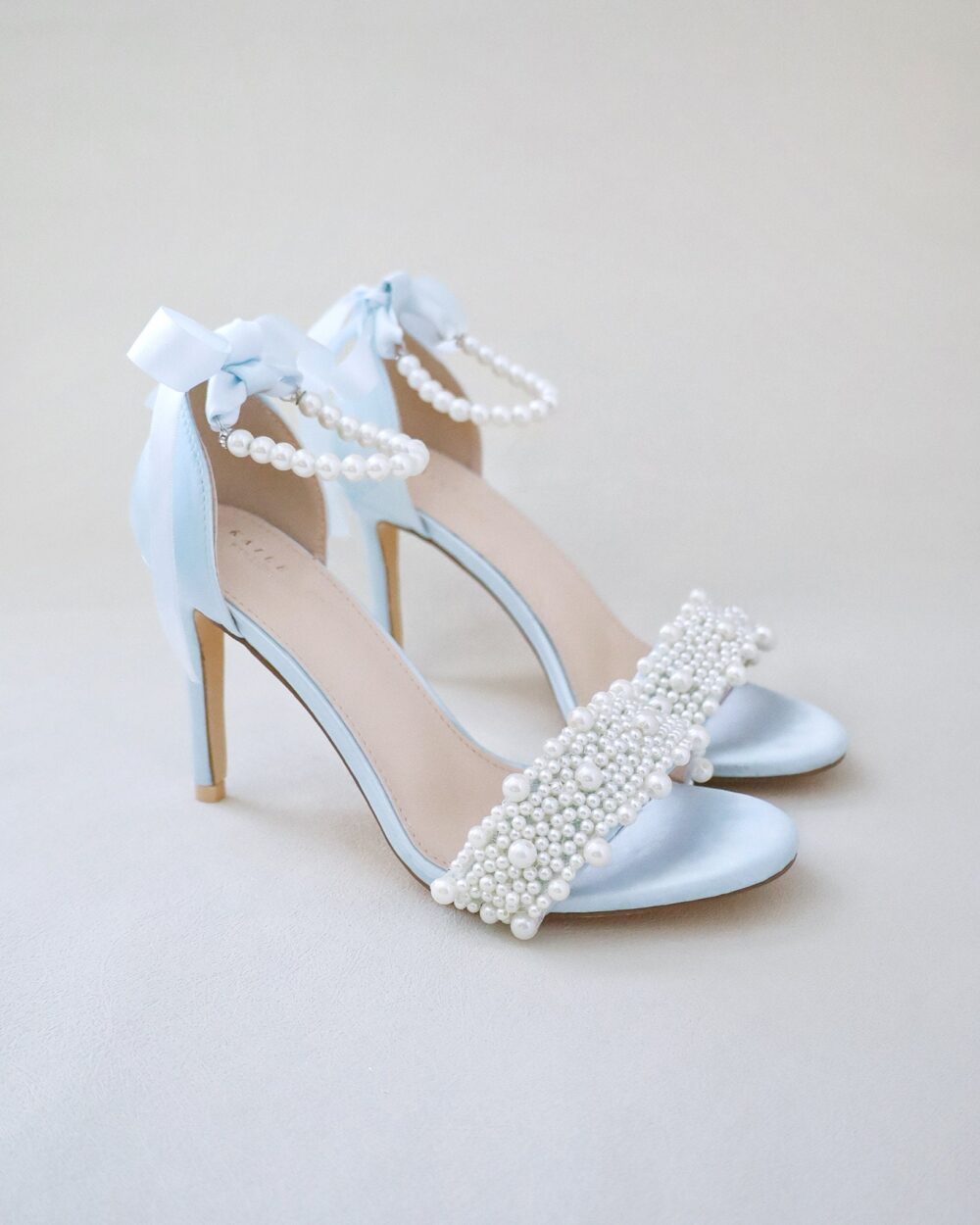 Light Blue Satin High Heel Wedding Sandals With Perla Applique & All Pearls Strap, Heels Sandals, Bridesmaid Shoes, Something