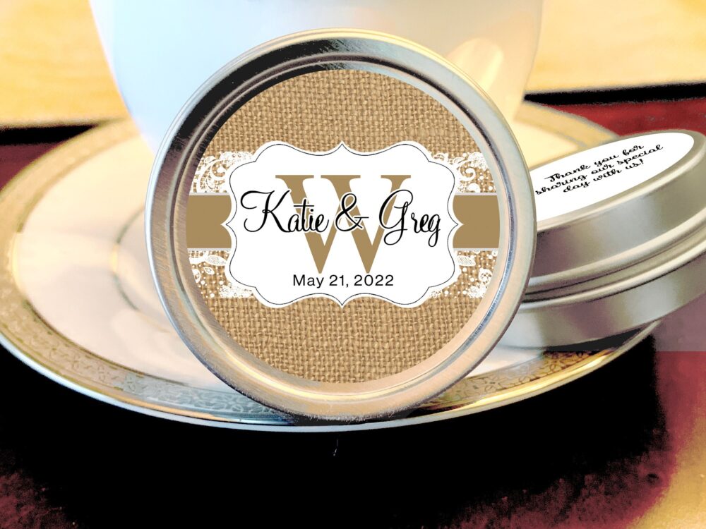 Personalized Wedding Mint Tins Ribbon & Lace Monogram, Rustic Favors
