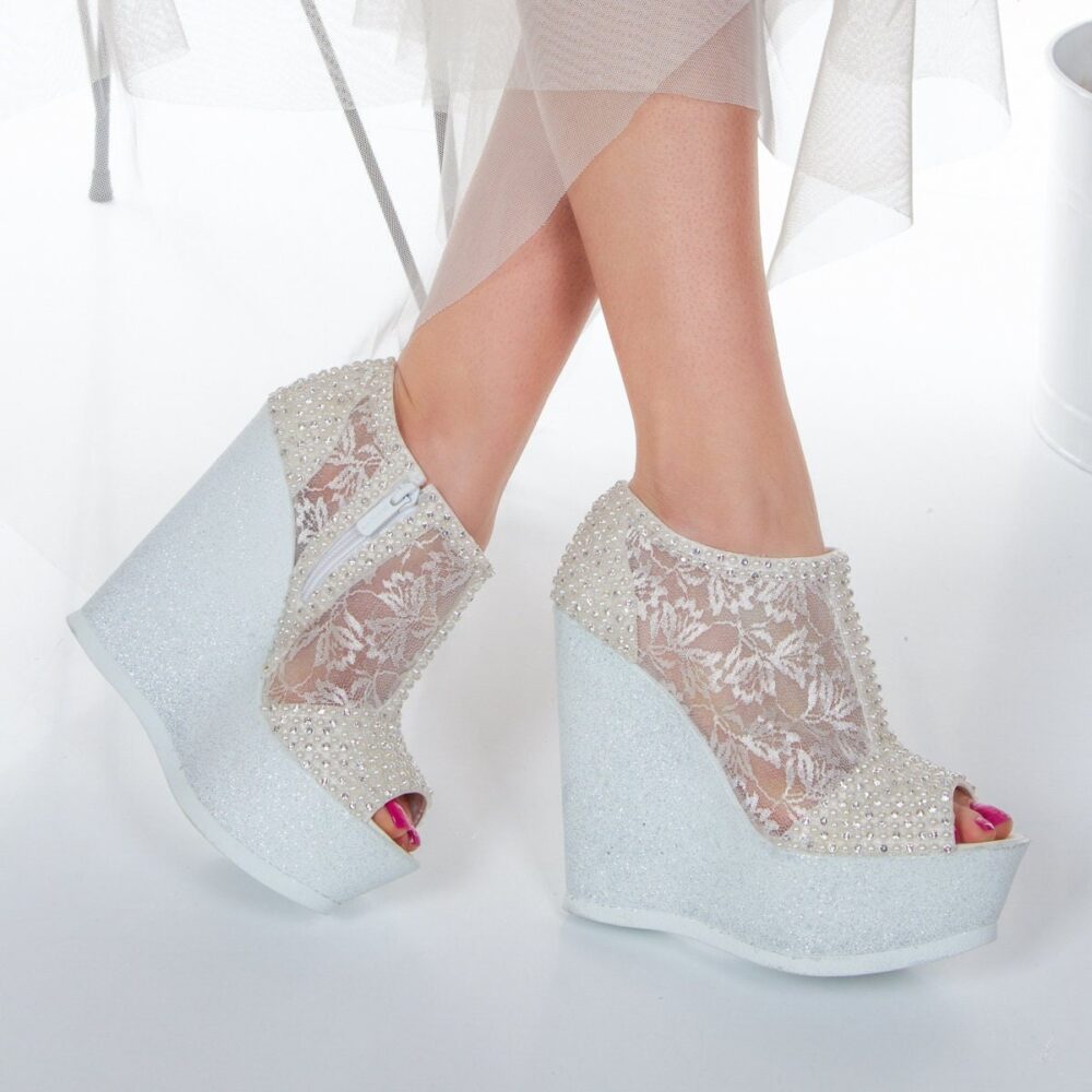 White Wedding Wedge Shoes Lace, Pearls & Rhinestones, Bridal Zipper Booties