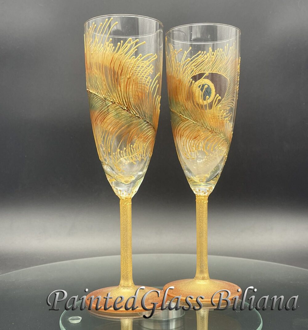 Hand Painted Peacock Feather Wedding Champagne Flutes - Gold & Brown Set Of 2