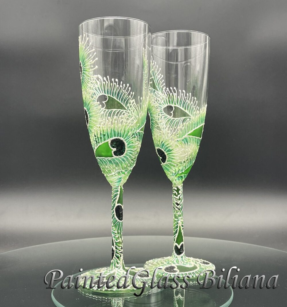 Hand Painted Wedding Champagne Flutes Lace Peacock Feather Design, Set Of 2