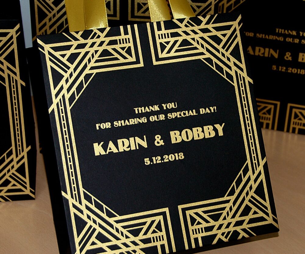 35 Gatsby Style Wedding Welcome Bags With Gold Satin Ribbon Handles & Your Names Black Gold Art Deco Bag Theme Gift Bags