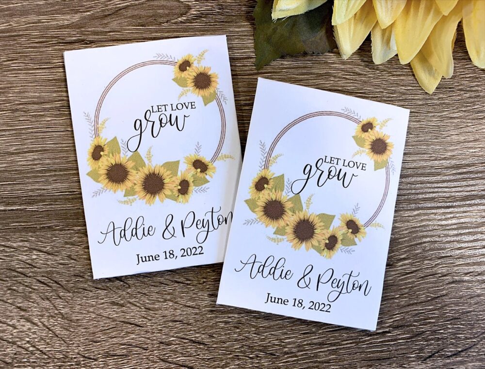 5 Wedding Sunflower Seed Packets, Personalized Wreath Style Custom Favors, Complete, Seeds Included | 5 Packs Per Set
