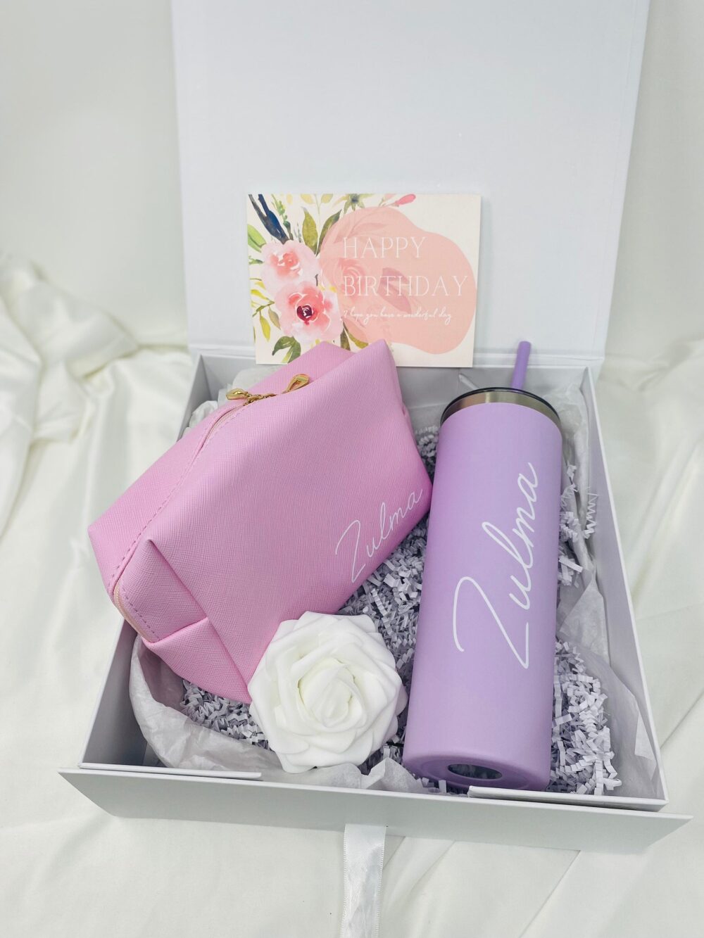 Personalized Birthday Gift Box Faux Leather Makeup Bag & Tumbler