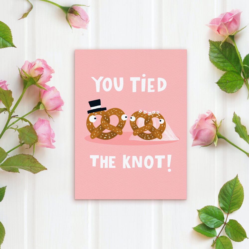 Pretzel Wedding Card - Cute Married Engagement Illustrated Couple Congratulations Bride Groom Knot