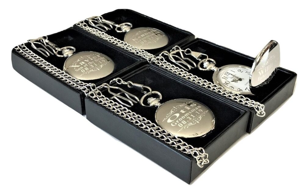 4 Personalized Engraved Silver Pocket Watches, Mens Gift Box, Chain & Engraving Included, Vintage New Style