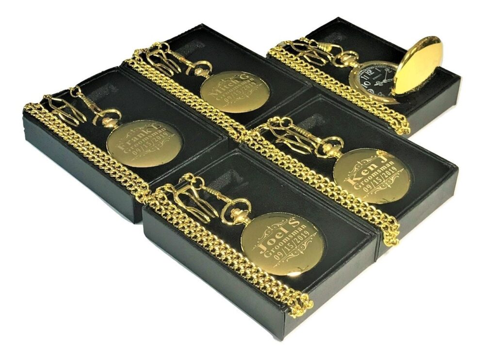 5 Personalized Engraved Gold Pocket Watches, Man's Gift Box, Chain & Engraving Included, Customized Gift Set