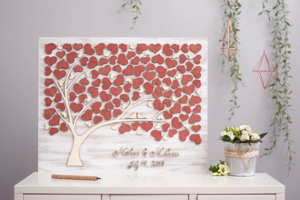 3D Love Tree Wedding Guest Book Alternative Tree Wood Custom Unique Hearts Leaves Rustic Wedding Wooden Tree Of Life