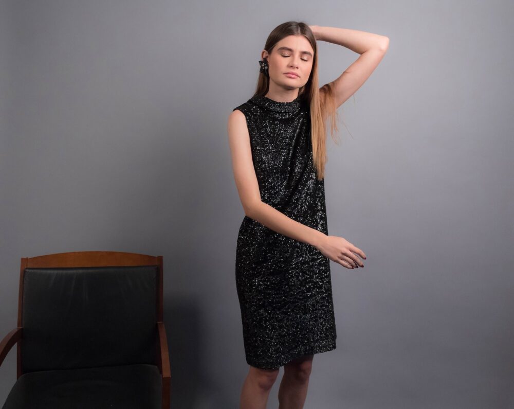 Vintage 60S Sequins Dress. Shift Cocktail Little Black Size Xs/S