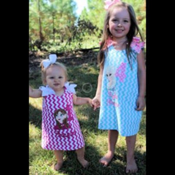 Snow Queen Applique Monogram Birthday Party Chevron A-Line Dress Ice Princess - Sisters Elsa Anna Olaf School