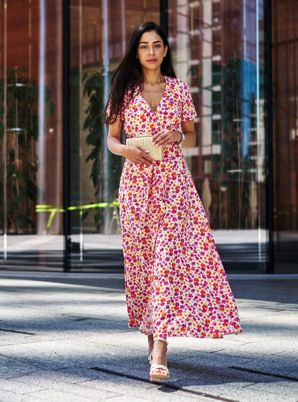 Maxi Wrap Dress Flowers Meadow Viscose/With Pockets in Flower Print & Short Sleeve