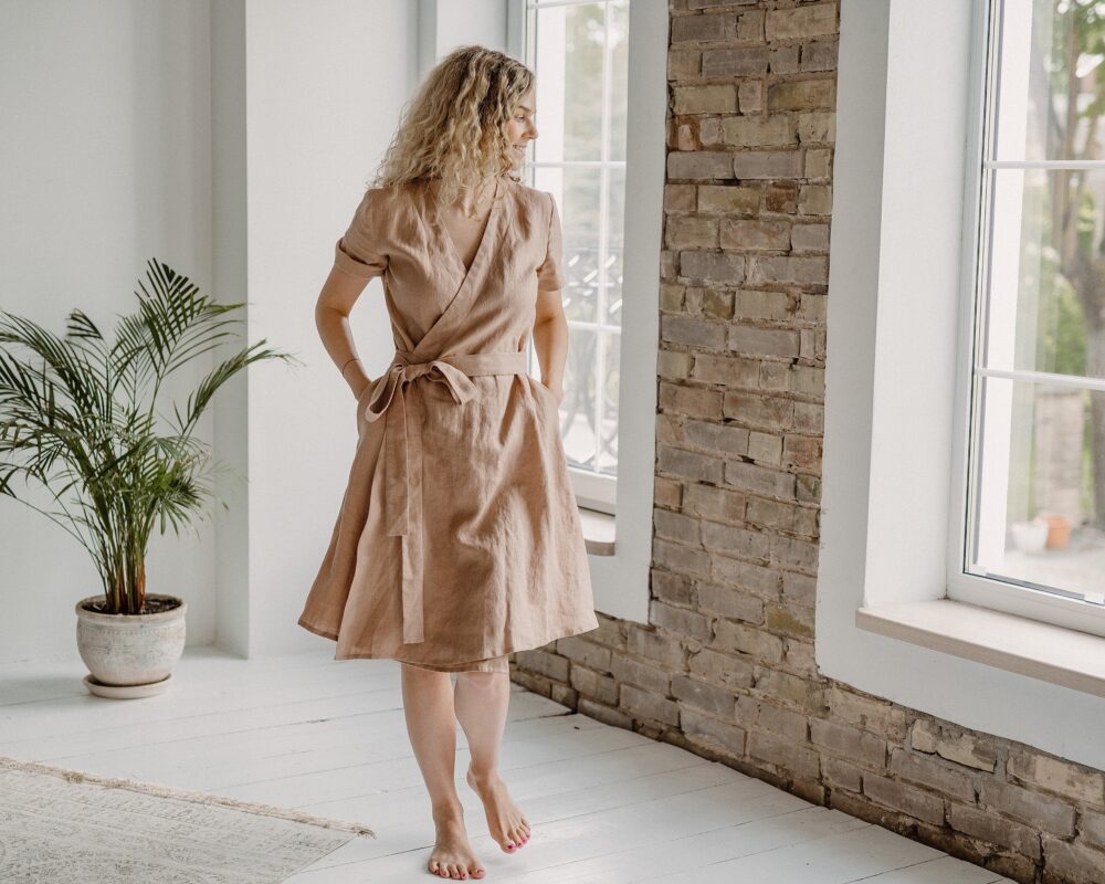 Linen Wrap Dress Camila. Soft Linen With Short Sleeves. Dusty Peach Color Midi Dress. Leisure Party Flax