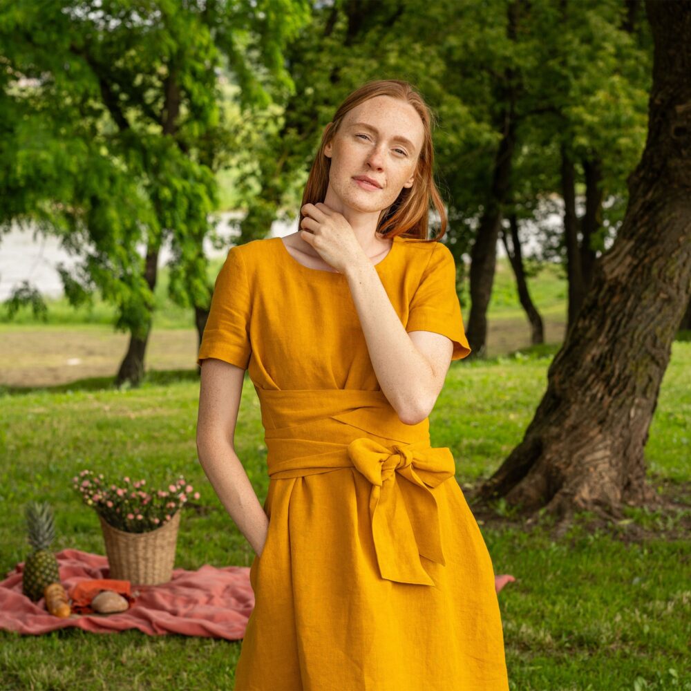 Short Sleeve Wrap Dress Linen Summer Midi Long Obi Belt 100% Milly