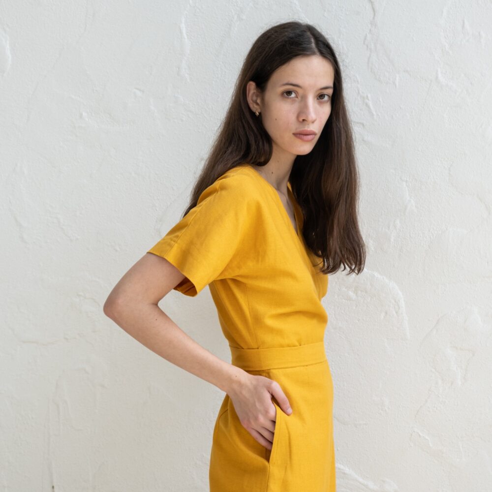 Linen Wrap Dress, Yellow Linen Kimono Dress Women, Summer Linean Dresses, Mustard V Neck