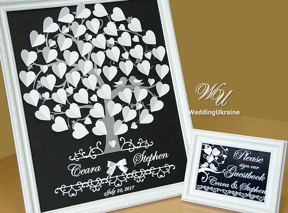 3D Wedding Guest Book Idea Classic Black & White Tree With Hearts & Silver Love Birds Modern Alternative To Traditional Wedding Guestbook