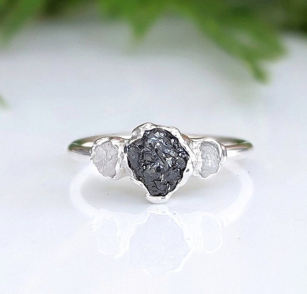 Raw Black Diamond Engagement Ring Sterling Silver Multi-Diamond Ring