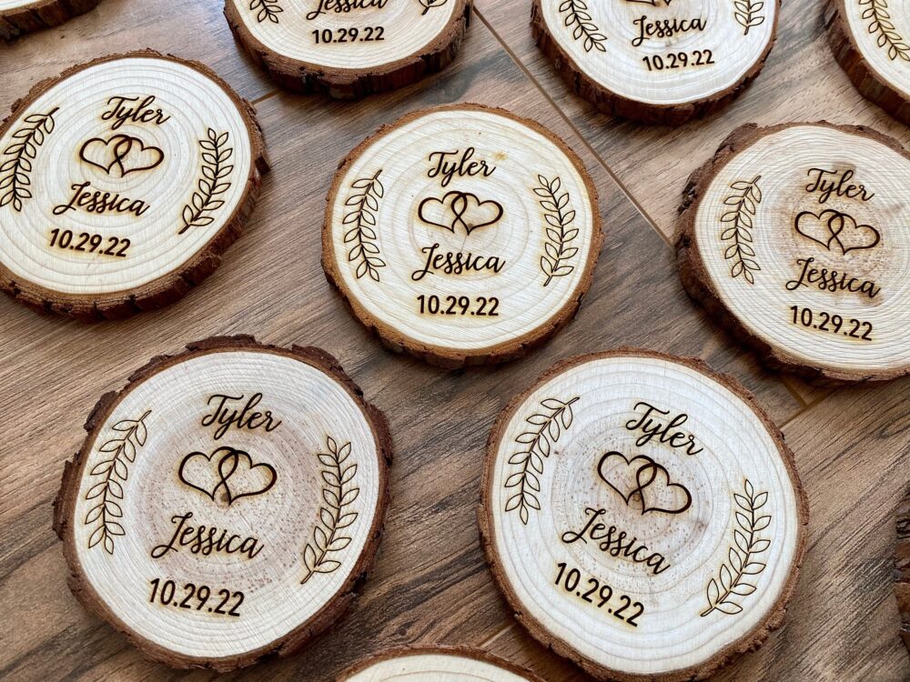Custom Wood Slice Wedding Favors - Laser Engraved With Couple's Names, Date, & Leaf Accents