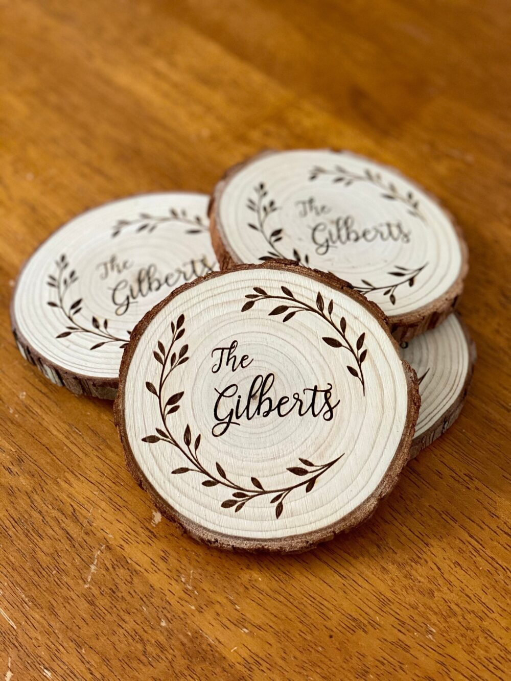 Custom Wood Slice Wedding Favors - Laser Engraved With Message & Leaf Border