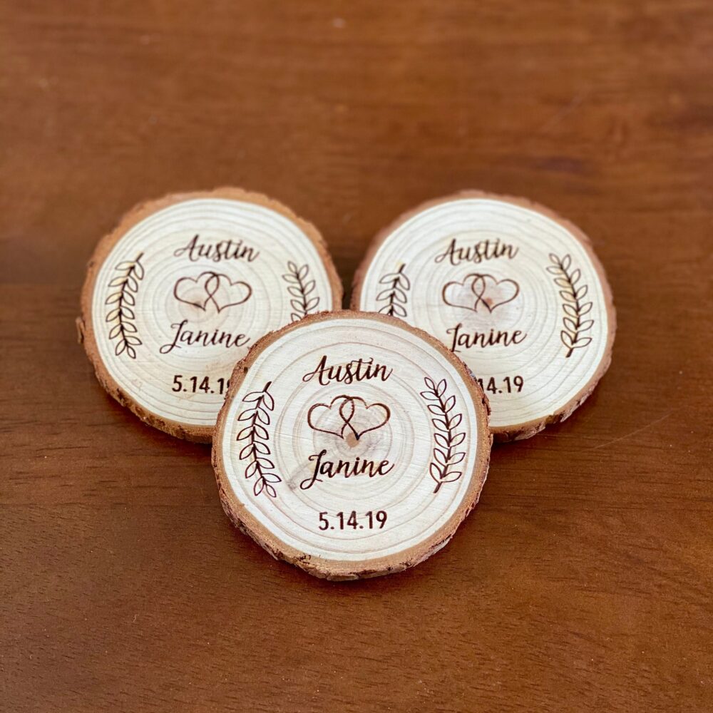 Custom Wood Slice Wedding Favor Or Save The Date - Laser Engraved With Names, Date, & Magnet