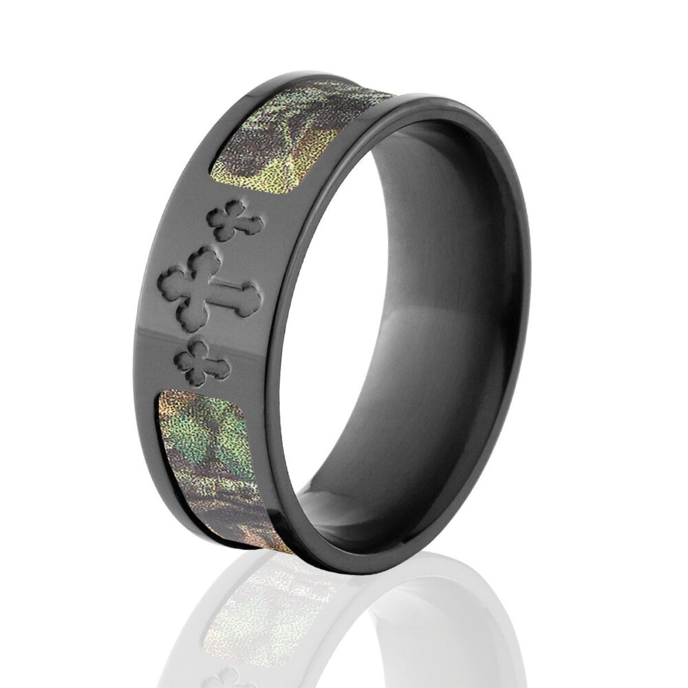 Black Zirconium Ring, Mossy Oak Break Up Camo Inlay With Celtic Cross, Wedding Band