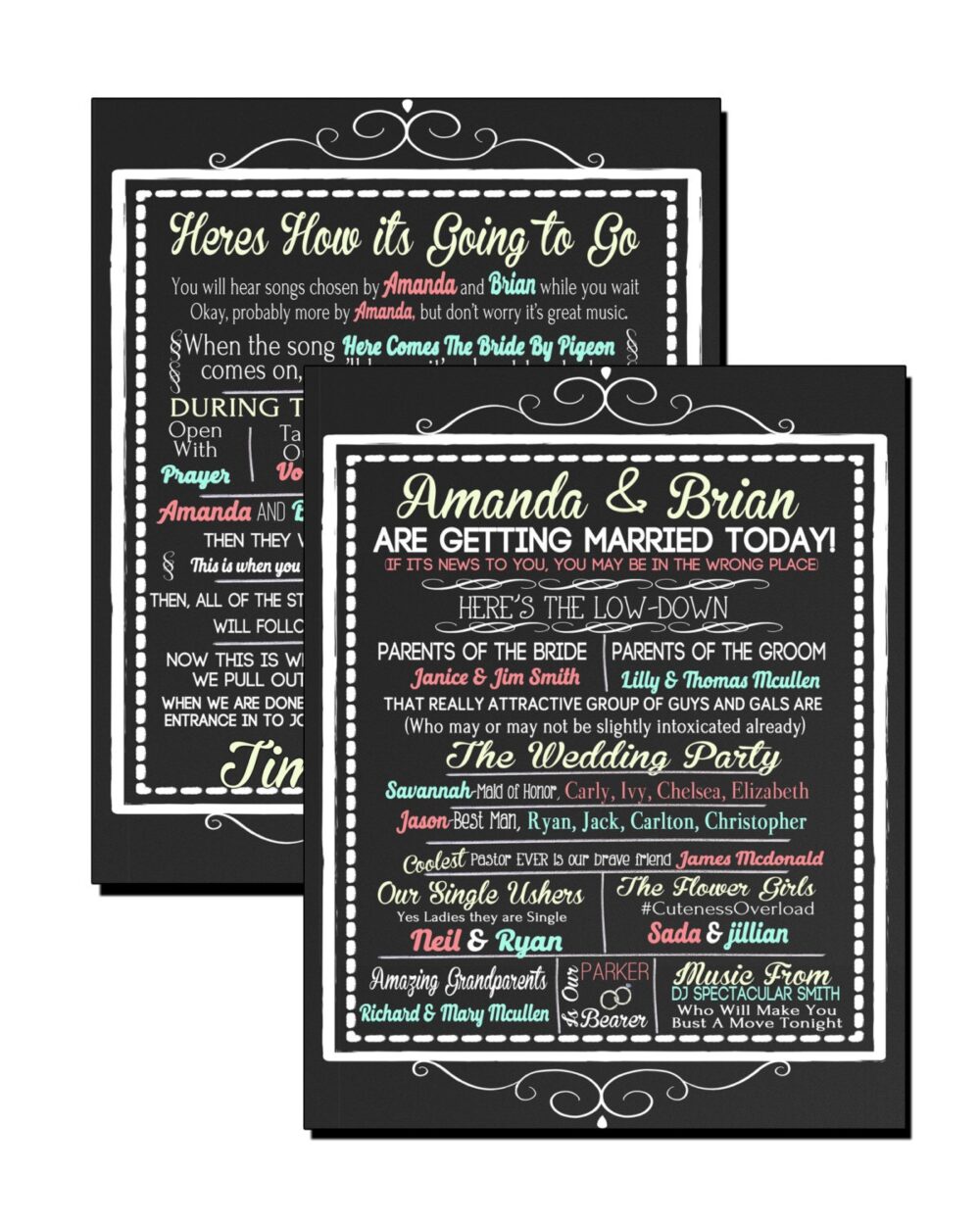 Funny Unique Wedding Program, Hilarious Wedding Program in Teal Coral Yellow | Other Colors Available Modern Decor Sign Id# Sgnwed01