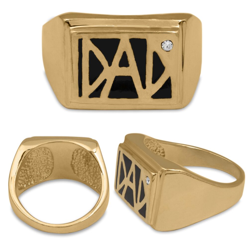 Vintage 1980S Mens Dad Ring 18K Gold Plated Austrian Crystal, Black Enamel