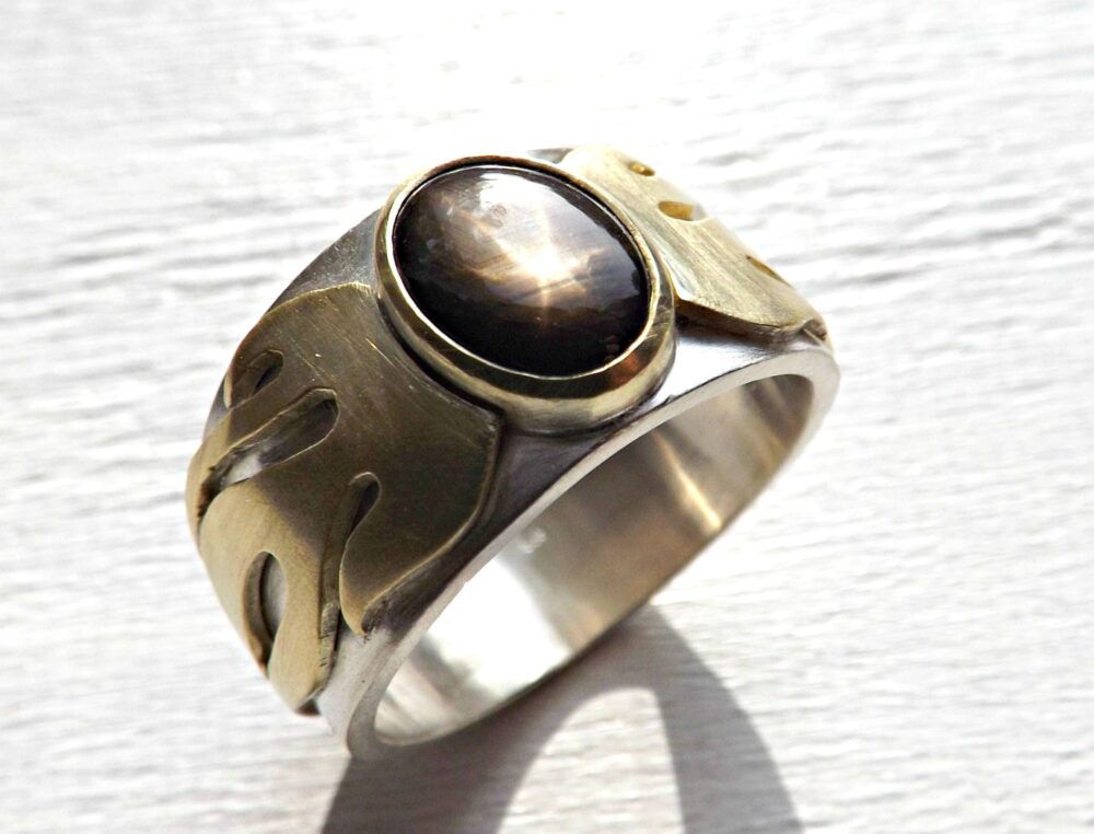 Gold Flame Star Sapphire Ring Two Tone Sterling Silver Mens Wedding Band