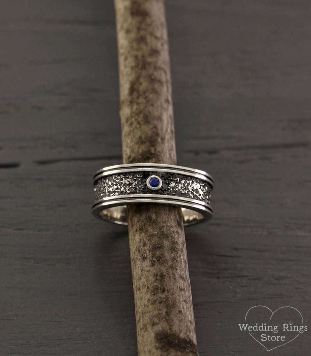 Men's Sapphire Wedding Band in Sterling Silver, Sapphire Bold Ring, Band, Bold Unique Mens Big Ring