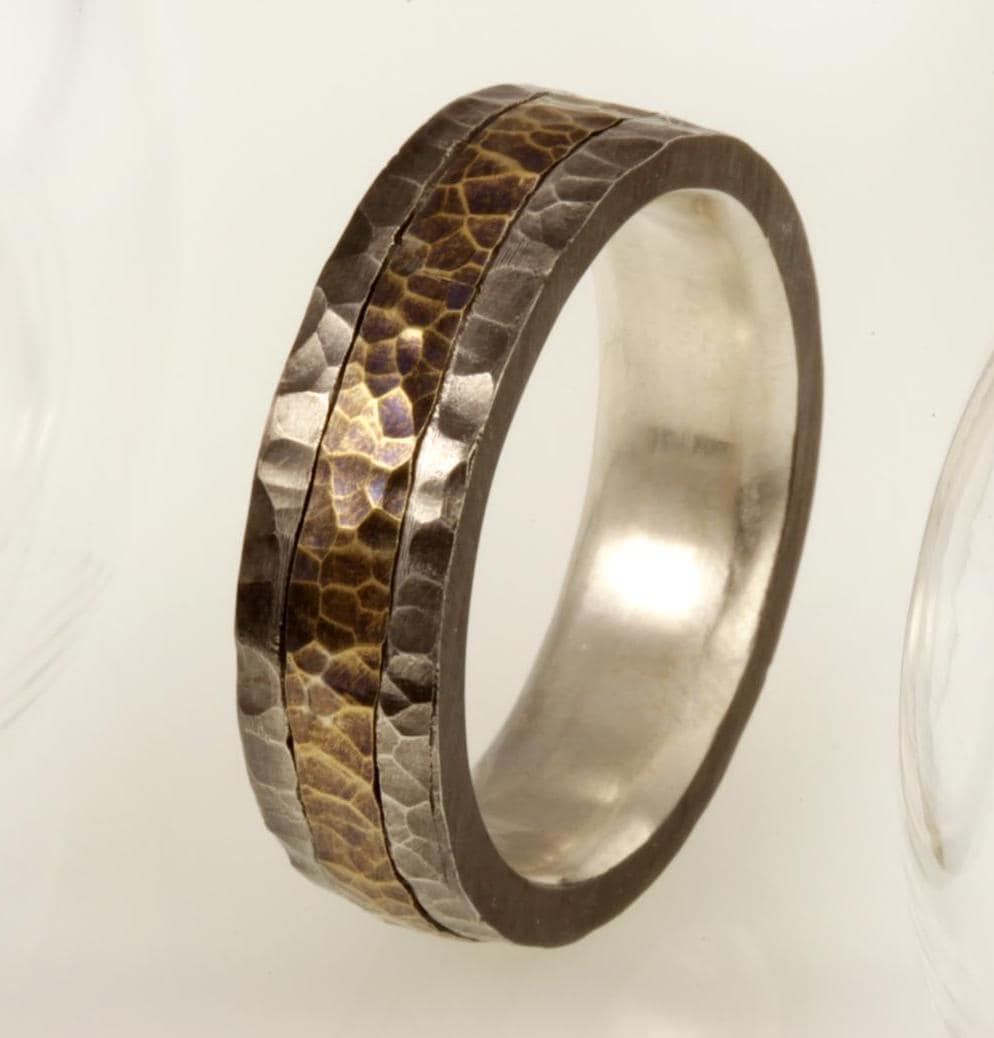 Hammered 14K Gold & Silver Mens Wedding Band Rustic Comfort Fit Rs-1228