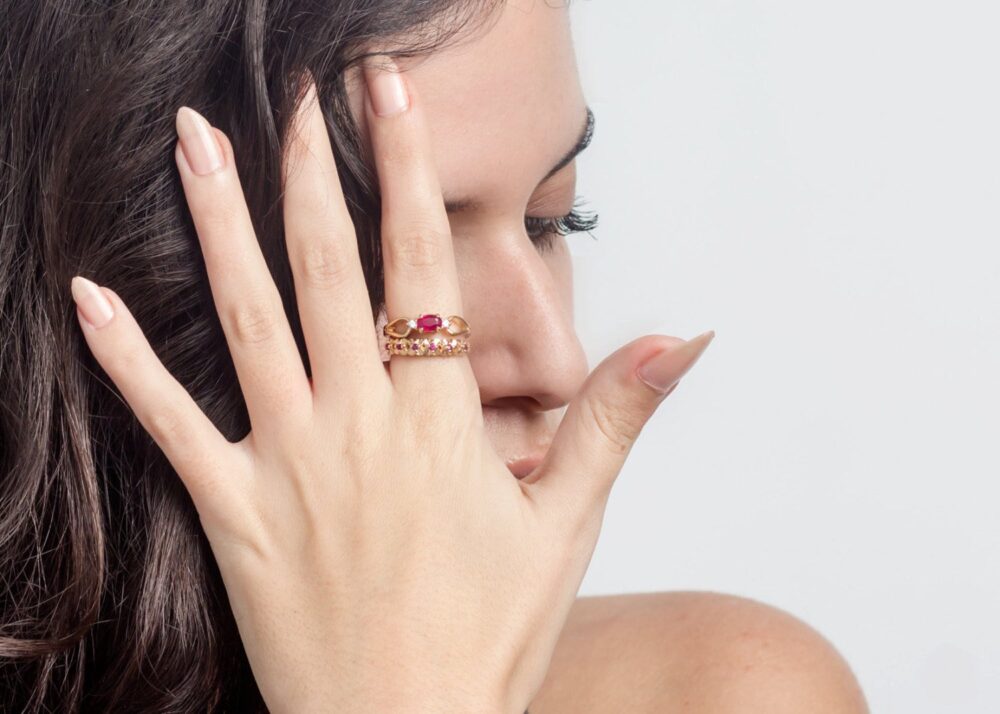 Ruby Engagement Ring Set, 14K Gold Bridal Rings, Stacking Diamond Wedding Band