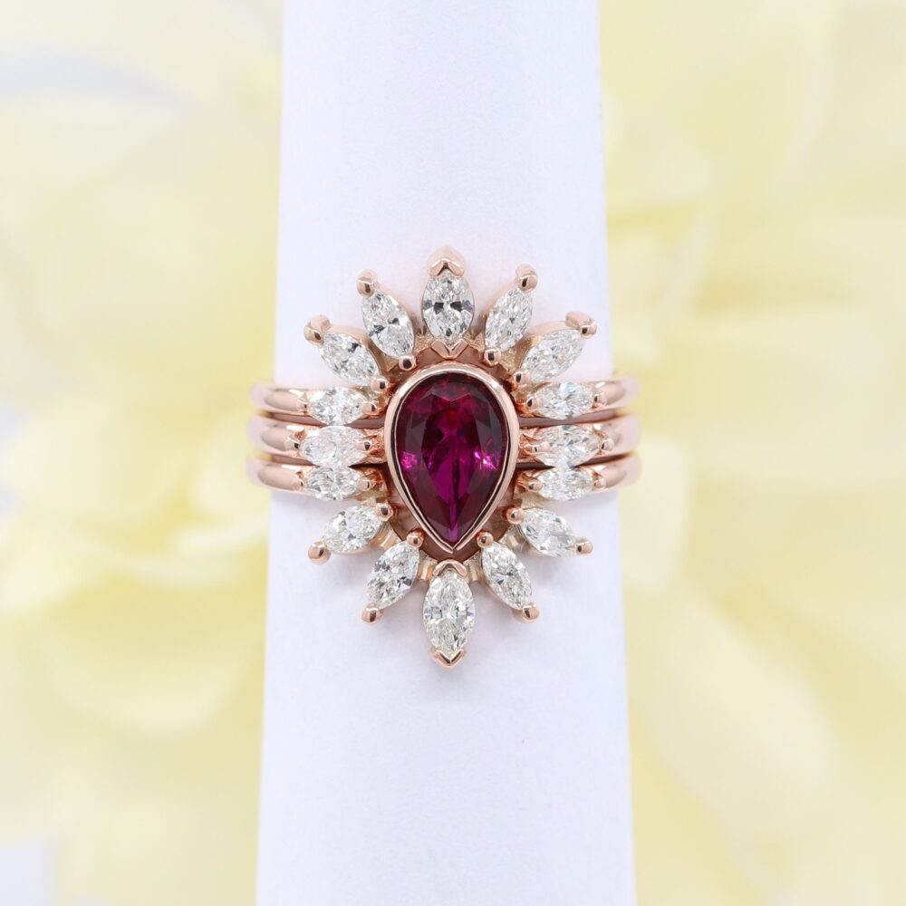 14K Rose Gold Ruby Diamond 3 Ring Set Pear Cut Engagement Wedding Band