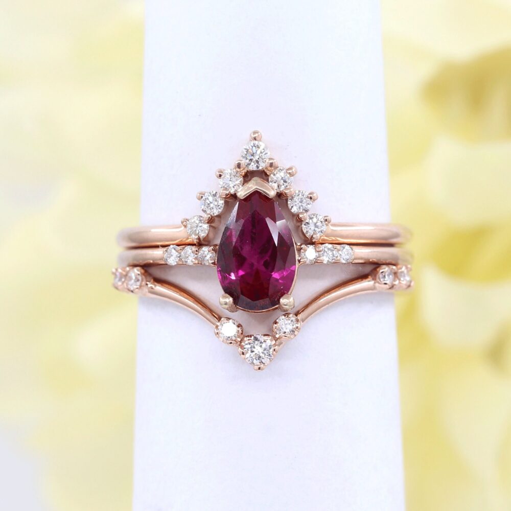 14K Rose Gold Pear Ruby Ring Set Diamond Chevron Band