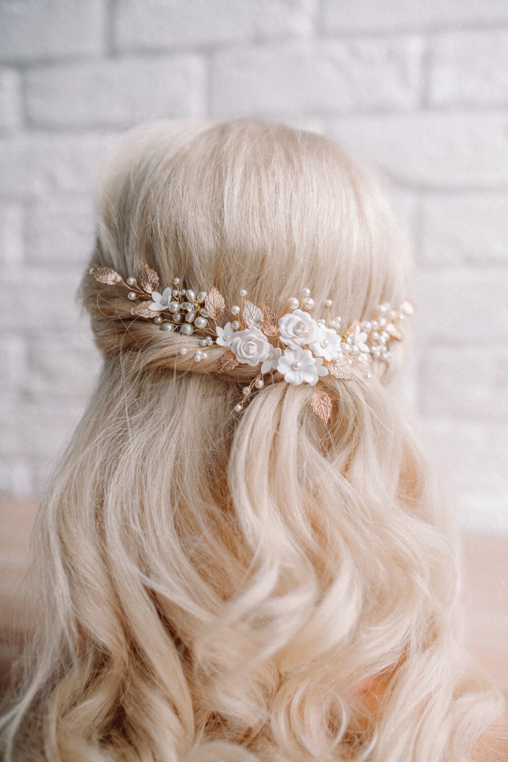 Floral Wedding Hair Vine Gold Leaves, Pearls & Rhinestones