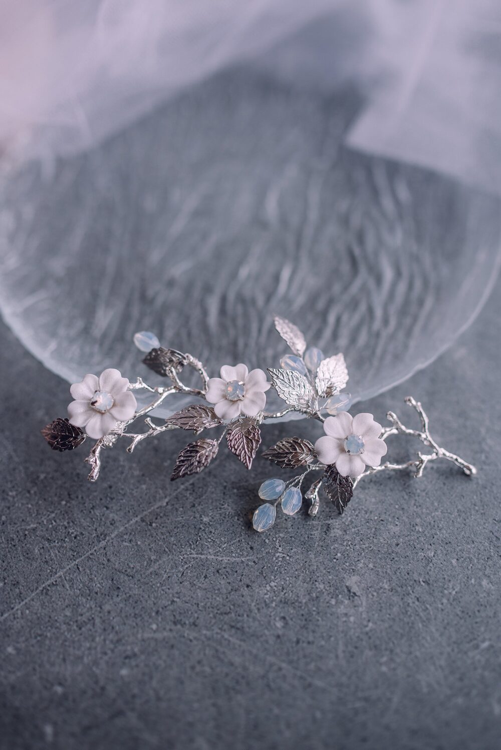 Handmade Silver Leaf Wedding Hair Vine - Crystal Bridal Headpiece