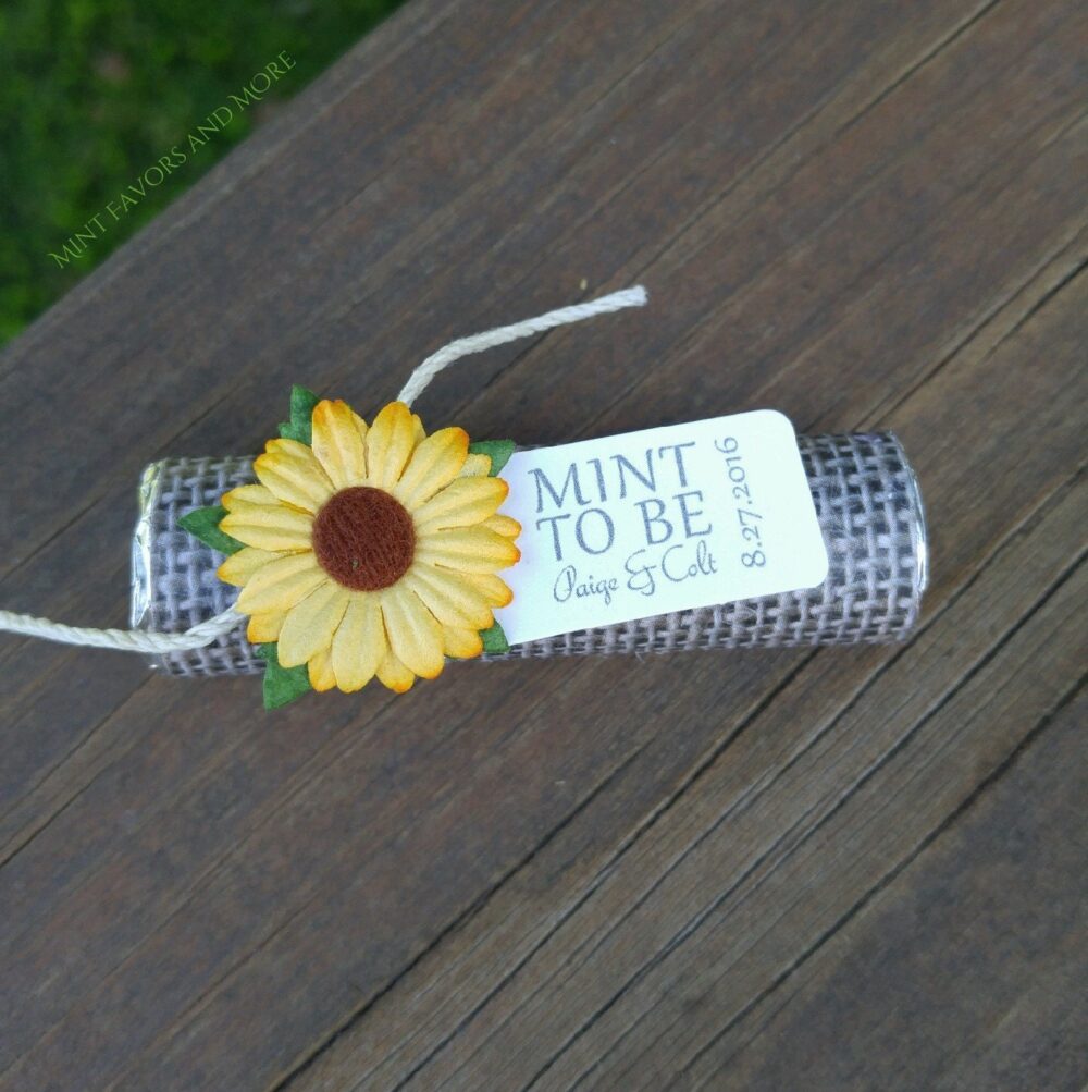 Sunflower Wedding Favors Personalized Mint Rolls, Rustic Burlap | Set Of 24