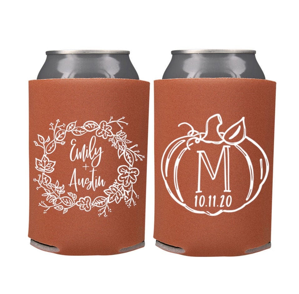 Fall Wedding Favors | Personalized Custom Can Coolers Autumn Reception Monogram Pumpkins Rustic