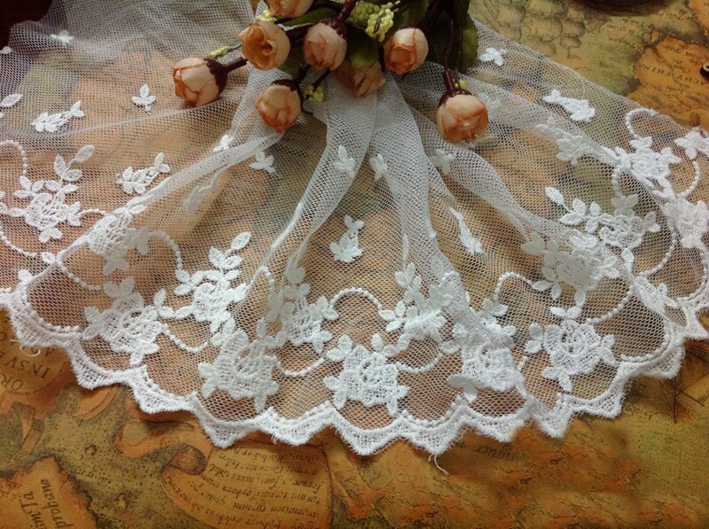 10 Yard/Lot Width 19cm 7.48" White Mesh Embroidery Lace Trim Ribbon Fabric For Dress Clothing 26108L4K487